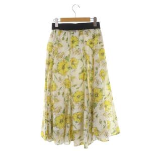 TO BE CHIC フラワープリント スカート ロング フレア ギャザー イージー リボンベルト付き 40 黄緑