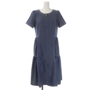 ストレッチデニム ワンピース 半袖 ミモレ丈 フレア フロントジップ 38 青 ブルー