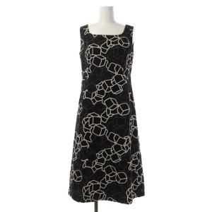 ノースリーブ総柄ワンピース ロング セミフレア M 黒 ライトベージュ ブラック