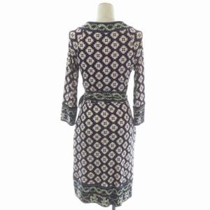 DIANE von FURSTENBERG シルク 花柄切り替え ラップワンピース 長袖 ミモレ丈 総柄 6 マルチカラー