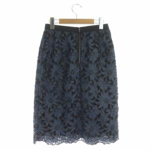 ANAYI フラワーレースタイトスカート 膝丈 38 ネイビー ブラック