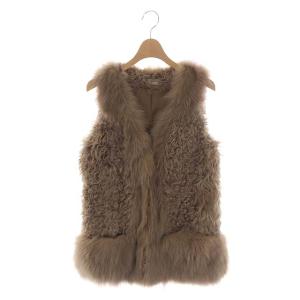 ラムファー ベスト 前開き ミドル丈 切替 フォックファー 36 ライトブラウン