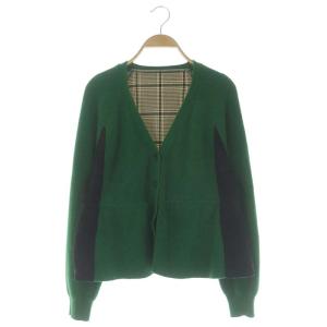 チェックコンビニットカーディガン 長袖 Vネック レース ウール混 36 グリーン