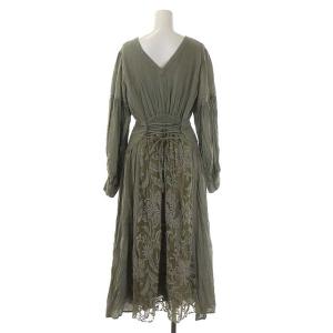 Ameri VINTAGE SHIRRING PLEATS DRESS 刺繍ワンピース 長袖 ロング フレア ギャザー プルオーバー S ライトカーキ