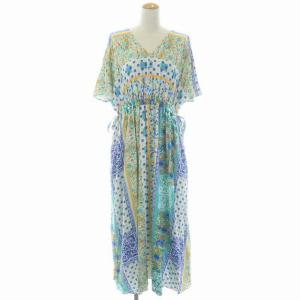 22SS タイルプリントギャザーワンピース Vネック セミフレア 半袖 ロング 総柄 リボン 36 青  ブルー マルチカラー