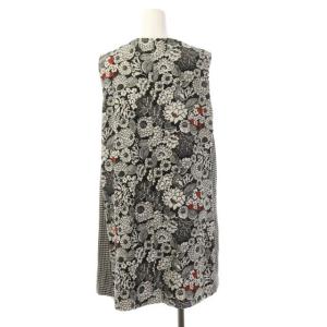 Lois CRAYON インバーデットプリーツワンピース ミニ ノースリーブ クルーネック 総柄 千鳥格子 花柄 ウール M 黒 ブラック 白 ホワイト