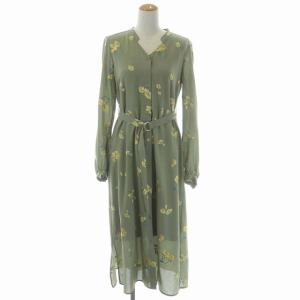 ジョーゼットフラワーシャツワンピース 長袖 前開き 刺繍 キャミソール付き ベルト付き 36 カーキ