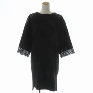 ボーダー切替ワンピース ロング ミモレ丈 長袖 九分袖 レース切替 ペチコート付き 36 ブラック