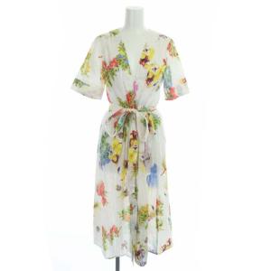 ボタニカルロングガウンワンピース シャツワンピース ロング 半袖 前開き 花柄 シアー リボンベルト付き 36 ホワイト マルチカラー