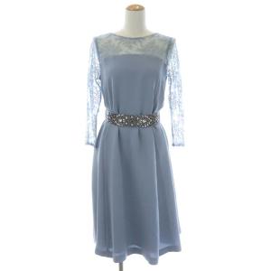 ビジューベルトワンピース ひざ丈 レース 七分袖 切替 36 ライトブルー