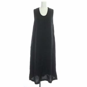 リネン サイドポケット付きノースリーブワンピース ロング Aライン 2 黒 ブラック