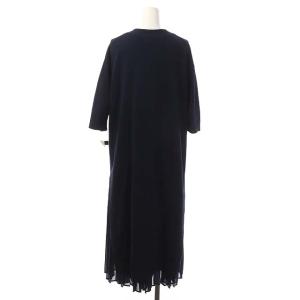 MUVEIL ビーズ刺繍 ワンピース ニット Iライン 異素材切替 プリーツ 五分袖 ロング 36 ネイビー