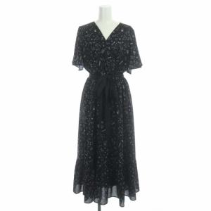 21SS ワンピース 半袖 フレア ロング スターモチーフプリント カシュクール ベルトリボン 38 黒 ブラック