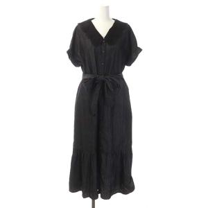 21AW 刺繍衿デニムワンピース ロング 半袖 リボンベルト付き 38 黒 ブラック