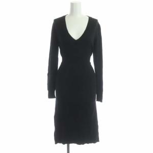 Vネックニットワンピース ロング 長袖 M ブラック