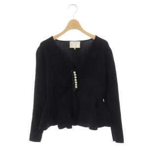 ニット ペプラムカーディガン 長袖 パール装飾 Vネック F ブラック