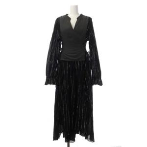 WASHI LAYERED DRESS ワンピース 長袖 フレア ロング ストライプ サイドレースアップ M グレー ブラック