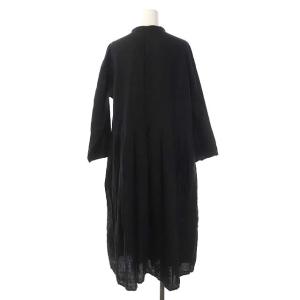 nest Robe リネン Yネック ワンピース シャツワンピース フレア タック ロング 長袖 F ブラック