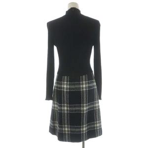 M'S GRACY ハイネックリブニットチェックワンピース 膝丈 ラップ 長袖 フリンジ ウール 38 ブラック ホワイト
