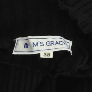 M'S GRACY ハイネックリブニットチェックワンピース 膝丈 ラップ 長袖 フリンジ ウール 38 ブラック ホワイト