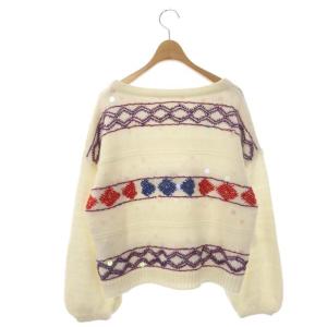 GRACE CONTINENTAL 19AW ニット セーター 長袖 プルオーバー トップス 刺繍 フリンジ スパンコール ラウンドネック 36 ホワイト