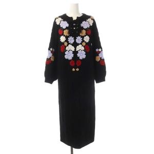 20AW 刺繍ケーブルニットワンピース ロング タイト 長袖 レースアップ 36 ブラック マルチカラー