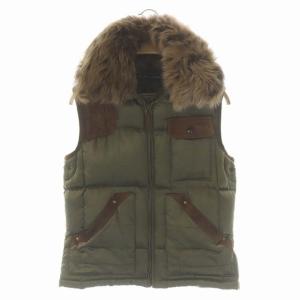 ファー付ダウンベスト 前開き シルク混 ジップアップ スエード切替 S カーキ ブラウン