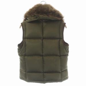 RALPH LAUREN ファー付ダウンベスト 前開き シルク混 ジップアップ スエード切替 S カーキ ブラウン