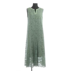 20AW レースワンピース ロング ノースリーブ Aライン フレア 36 グリーン