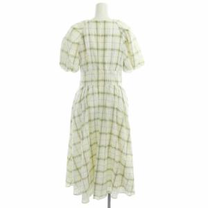 LANVIN en Bleu コットンギャザーワンピース チェック 半袖 ロング 38 ホワイト イエロー ブラック