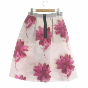 LANVIN en Bleu 台形スカート タック 膝丈 フラワー プリント 36 ピンク