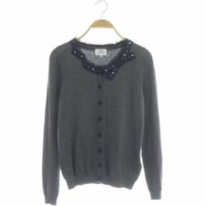 ニット カーディガン 長袖 リボン ビジュー装飾 クルーネック チュールフリル 38 グレー 紺 黒 ネイビー ブラック