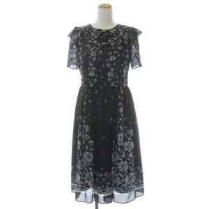 フラワープリント リボン ワンピース ひざ丈 半袖 花柄 40 黒 白 水色 ブラック ホワイト ライトブルー