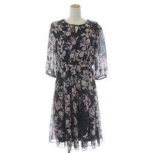 フラワープリント ワンピース ひざ丈 七分袖 花柄 40 ネイビー