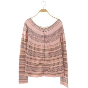 HaaT 総柄ボーダーコットンカーディガン ニット 長袖 前開き 2 ピンク ライトカーキ グレー