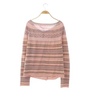 ISSEY MIYAKE HaaT 総柄ボーダーコットンカーディガン ニット 長袖 前開き 2 ピンク ライトカーキ グレー