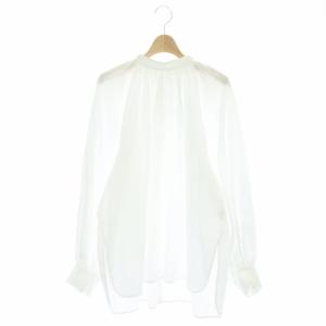 バックボタンボリュームスリーブブラウス 長袖 コットン混 ホワイト