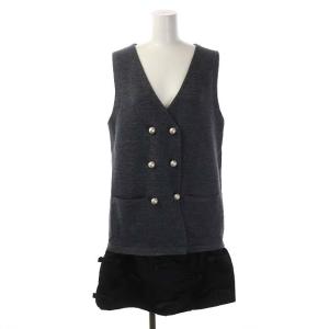 Chesty 20SS パールボタン ジレワンピース ひざ丈 リボン 異素材切替 ノースリーブ ウール混 F グレー 黒 ブラック