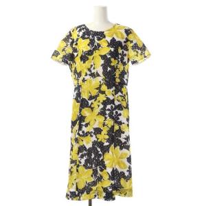 フラワーモチーフワンピース 半袖 ミモレ丈 フレア 総柄 9 白 黄 黒
