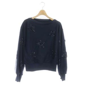 20SS スパンコールスター裏毛トップ スウェット 長袖 ボートネック 星柄 チュール プルオーバー 36 ネイビー