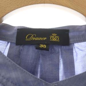 Drawer コットンギャザーブルーシャツ 長袖 比翼仕立て バンドカラー 38 青 ブルー