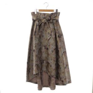 アブストラクトジャガードスカート ミモレ丈 フレア リボンベルト付き 38 ベージュ キャメル 紫