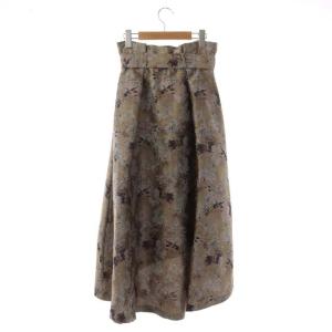 GRACE CONTINENTAL アブストラクトジャガードスカート ミモレ丈 フレア リボンベルト付き 38 ベージュ キャメル 紫