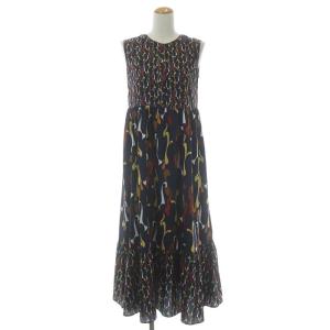 21AW ワンピース ノースリーブ フレア ロング 切替 キカパターン ハーフボタン 36 紺 ネイビー マルチカラー