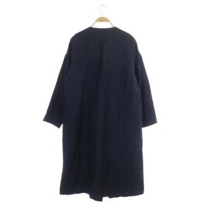ebure リネンボンディングノーカラーロングコート スプリングコート 薄手 ノーボタン 36 紺