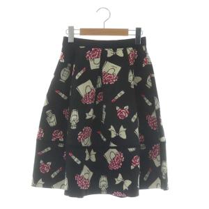 アイコンモチーフスカート フレア 膝丈 36 黒 ブラック
