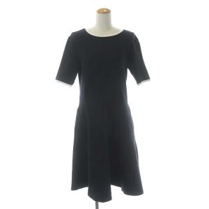 COLLECTION ワンピース ニット 半袖 ショートスリーブ フレア 膝丈 クルーネック 40 黒 白 ブラック ホワイト