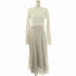 21SS リブニットドッキングワンピース 長袖 ロング フレア 38 アイボリー ライトグレージュ