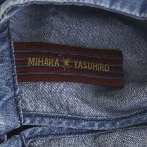 MIHARA YASUHIRO デニムワンピース ノースリーブ フレア ミニ フリンジ ウエストリボン クルーネック F 青 ブルー