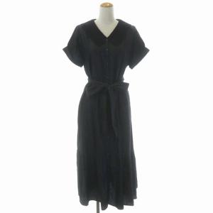 21AW 刺繍衿デニムワンピース ロング 半袖 前開き フレア ギャザー Vネック リボンベルト付き 38 黒 ブラック